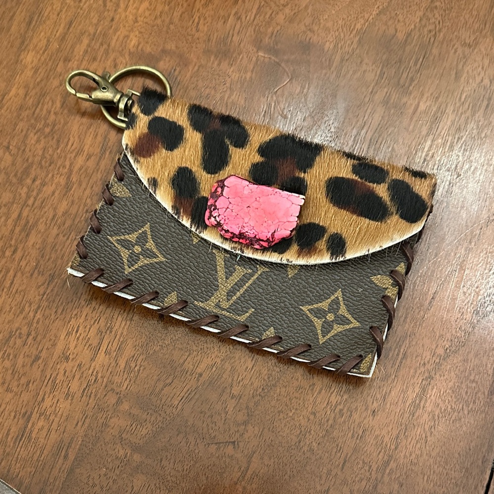 Leopard Print and Brown repurposed Louis Vuitton Designer Keychain Wallet